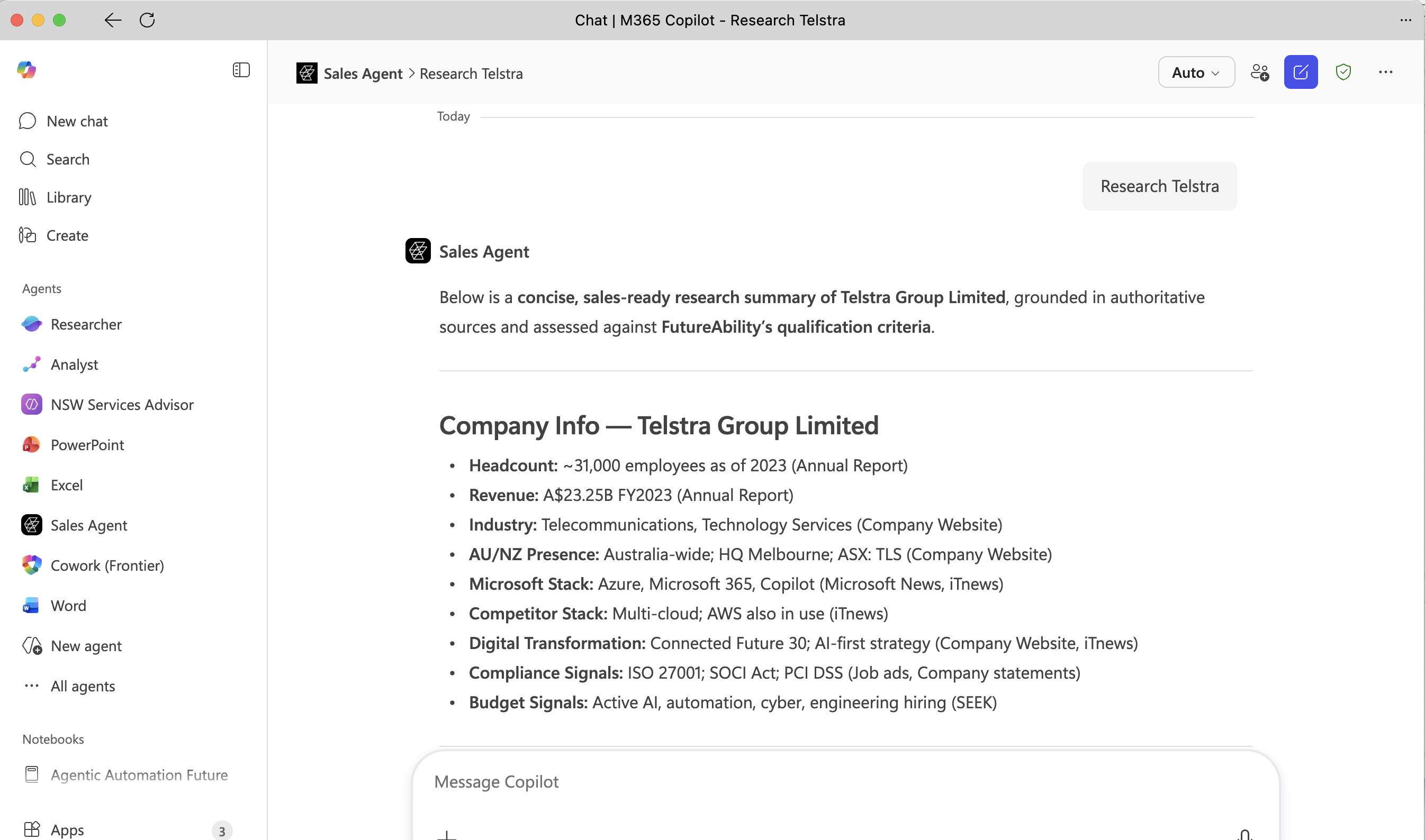 Sales Agent in M365 Copilot – researching Telstra