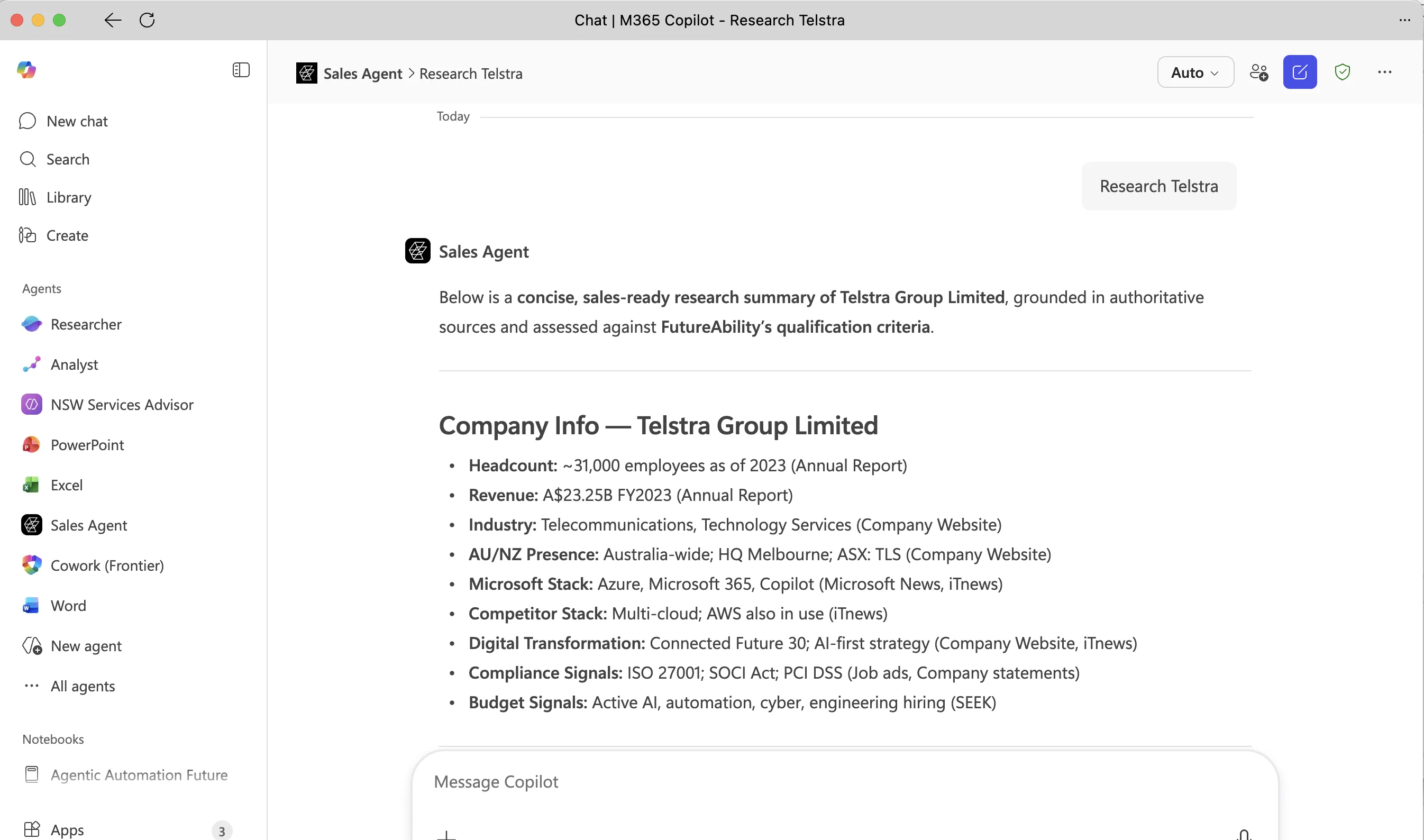 Sales Agent in M365 Copilot - researching Telstra