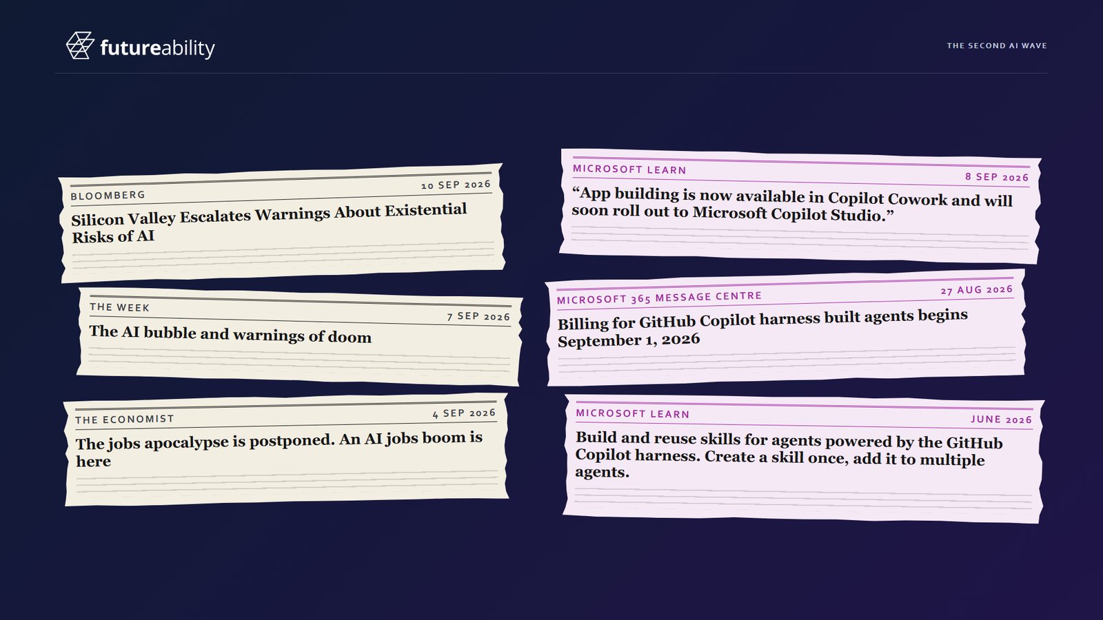 Six news clippings from June to September 2026: three on AI risk, the AI bubble and jobs, and three Microsoft notices on app building in Copilot Cowork, billing for GitHub Copilot harness agents, and reusable skills