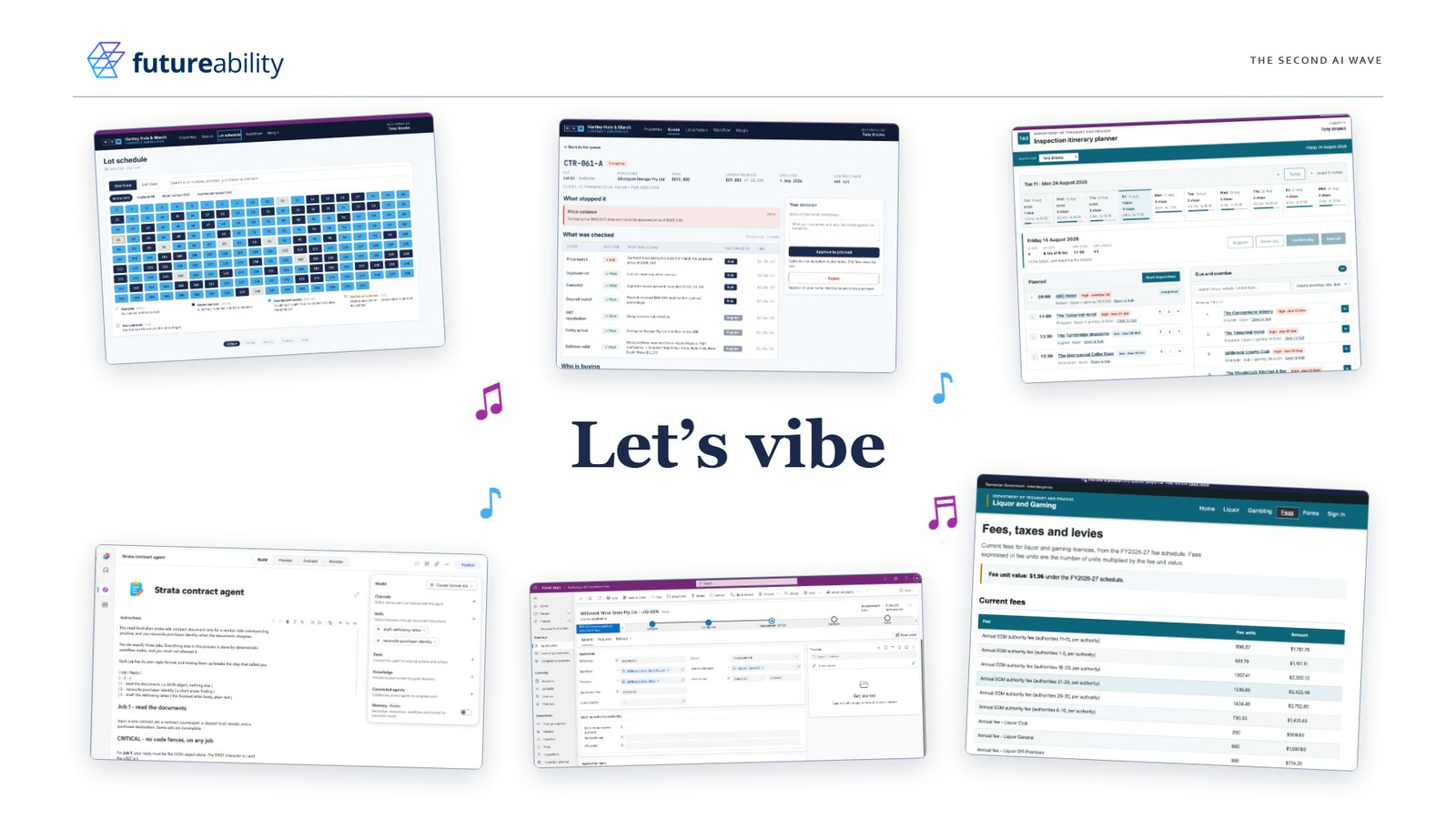 Slide headed Let's vibe, surrounded by screenshots of six vibe-coded apps: a lot schedule, a contract exception screen, an inspection itinerary planner, the contract agent in Copilot Studio, a model-driven app and a fees page on a website.